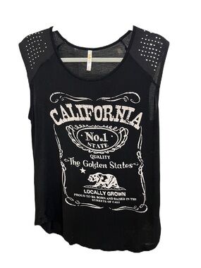 California Graphic Studded Shoulder Tank Top - Black